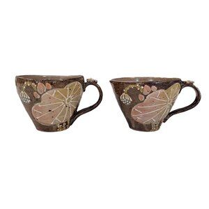 Lotus Flower Lily Pad Coarse Clay Cups Mugs Set Of 2